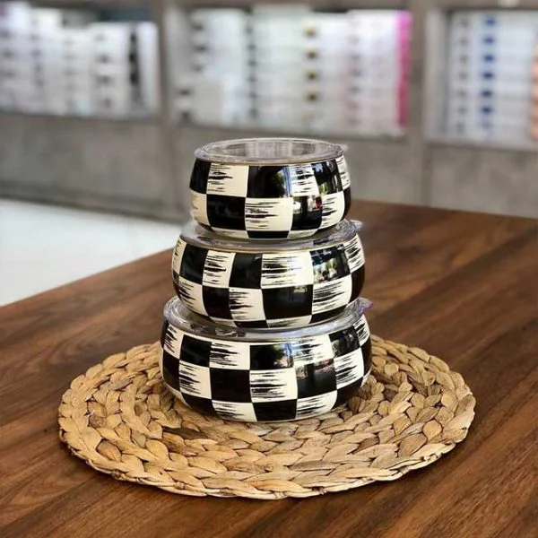 ظروف نگهداری لعابی غذا سه تایی آجار طرح شطرنجی کدXAP-22-0236