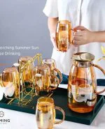 ست پارچ و لیوان 6 تایی پیرکس رنگ شامپاینی arow کد Tr-3450 - تصویر 4