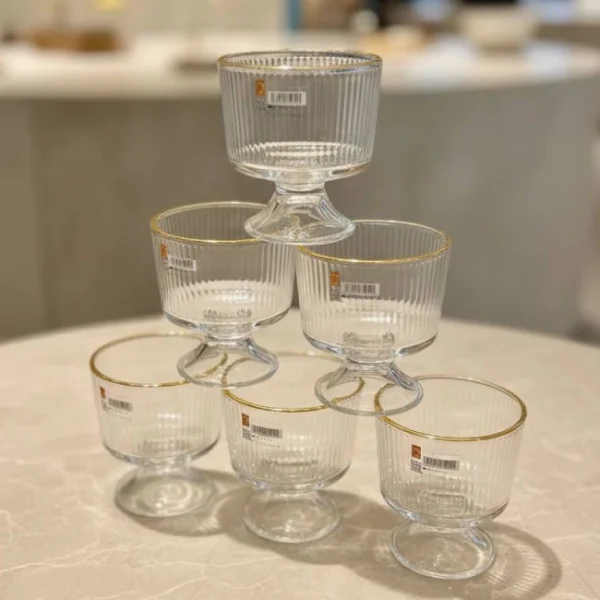 بستنی خوری شیاردار پایه کوتاه لب طلا Deli Glass کد KIT-1356